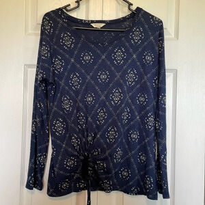 Lucky Brand women’s sz S navy diamond print long sleeve top asymmetrical tie